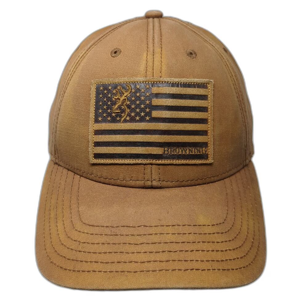 Browning Snapback Hat Brown One Size Leather Look Flag Patch Buckmark Logo